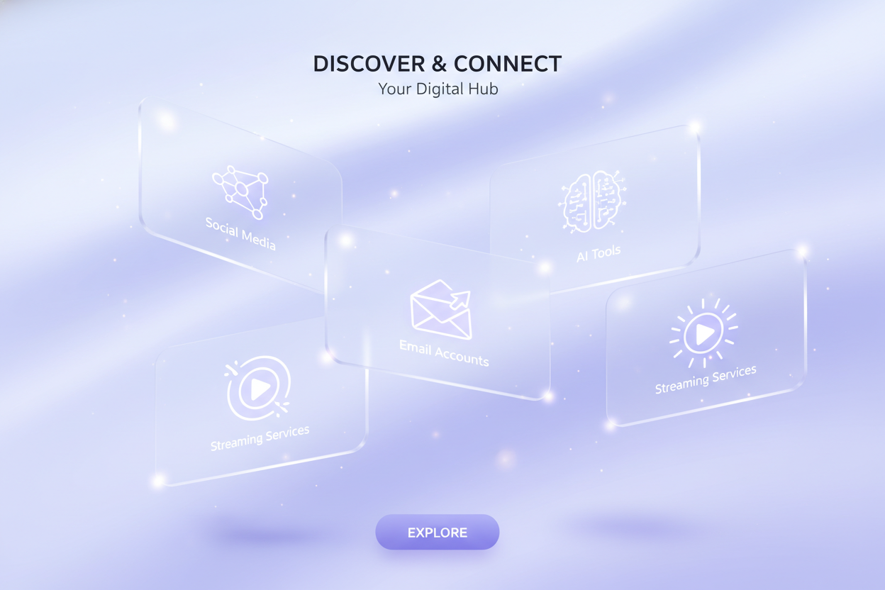 PVA Alpha digital marketplace platform showing floating cards with social media, AI tools, email accounts, and streaming services
